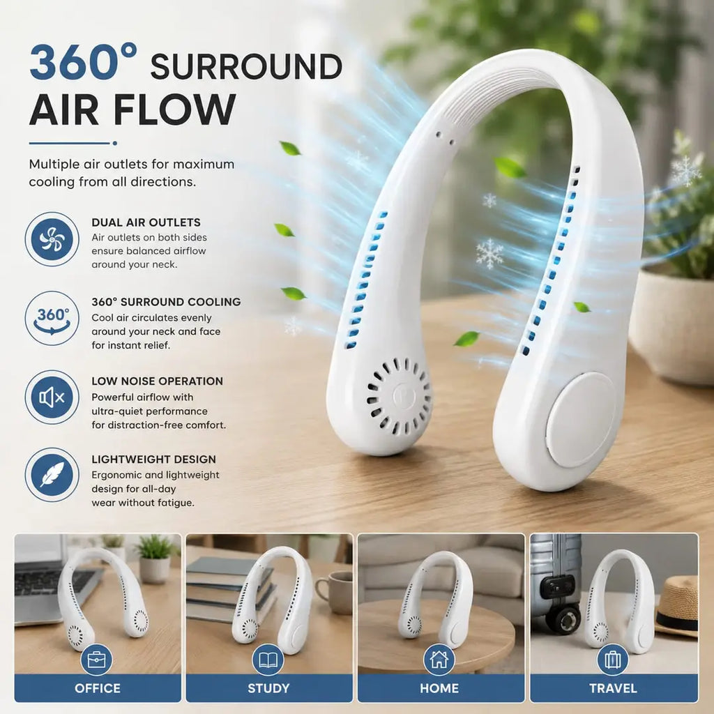 Portable Neck fan air Cooler & Purifier | Adjustable 3 speed and Rechargeable
