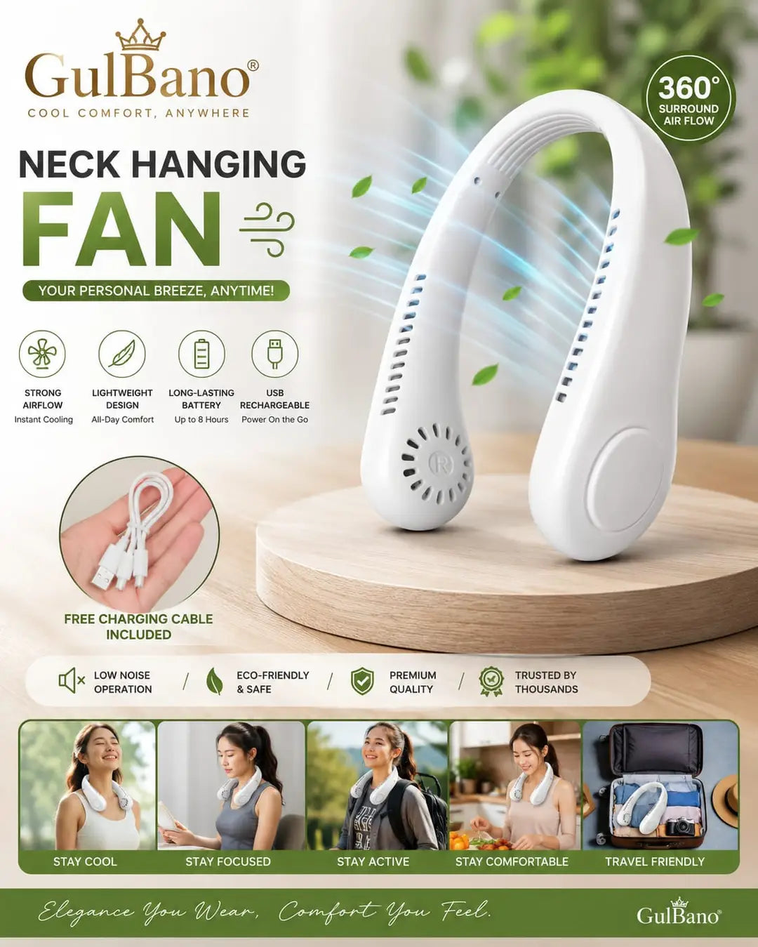 Portable Neck fan air Cooler & Purifier | Adjustable 3 speed and Rechargeable